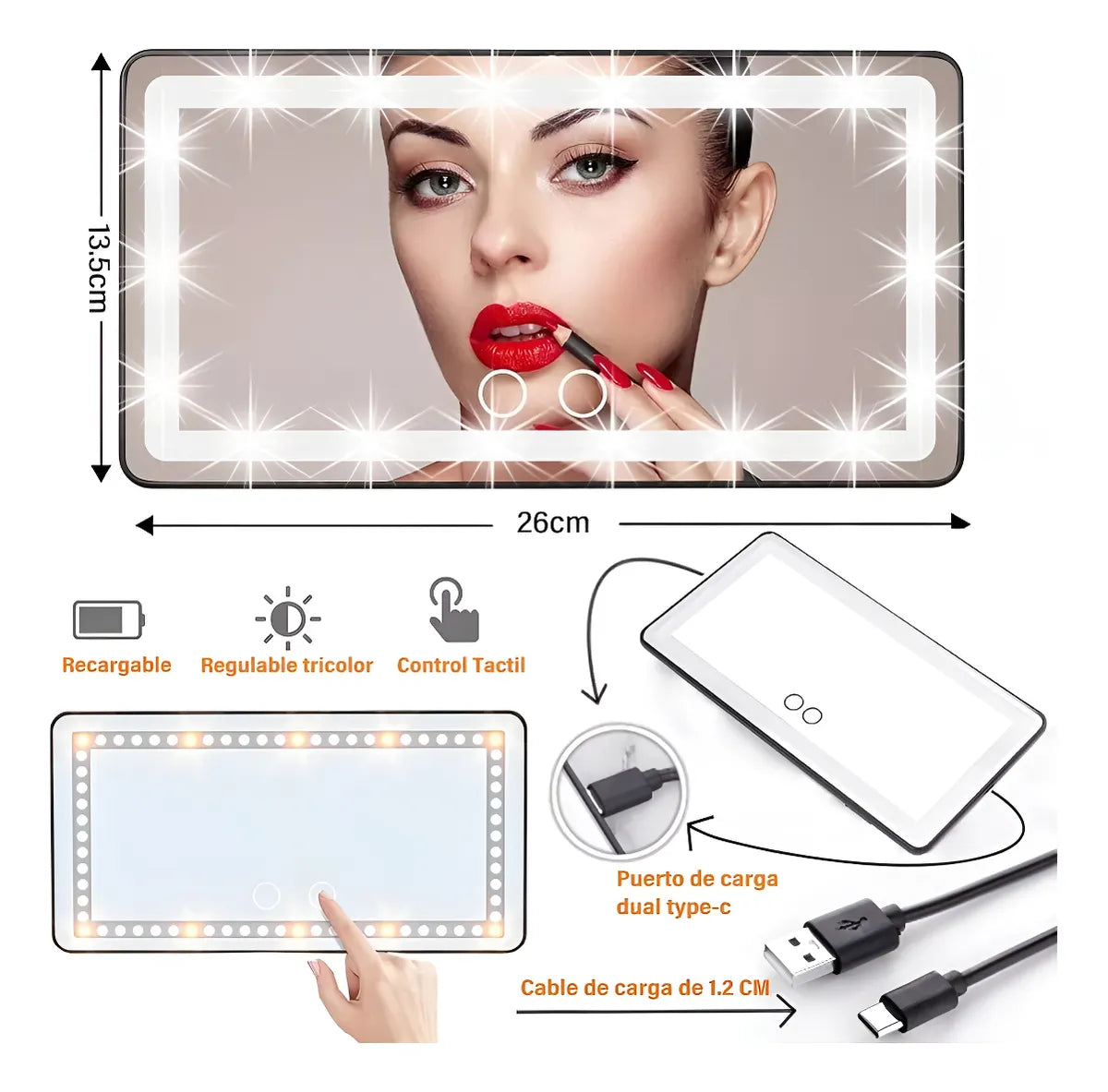 Espejo LED de Maquillaje para Autos con control táctil y 3 tonos de luz